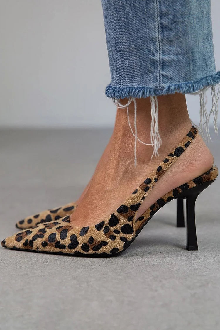 Women's Cushioned Pointed-Toe Leopard Slingback Heels