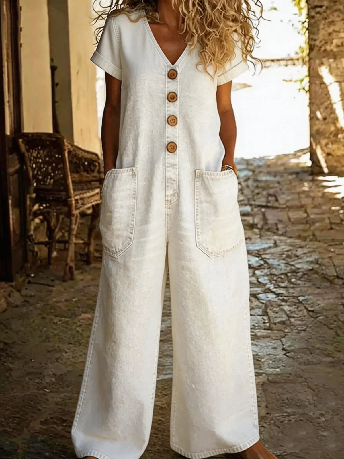 Denise | Women's Denim Jumpsuit with V-Neck and Short Sleeves and Pockets