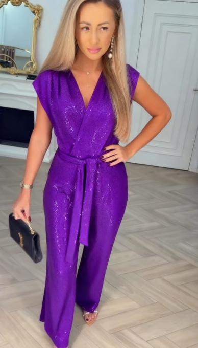 Women's Sequined Solid Colour Jumpsuit with Tie Detail