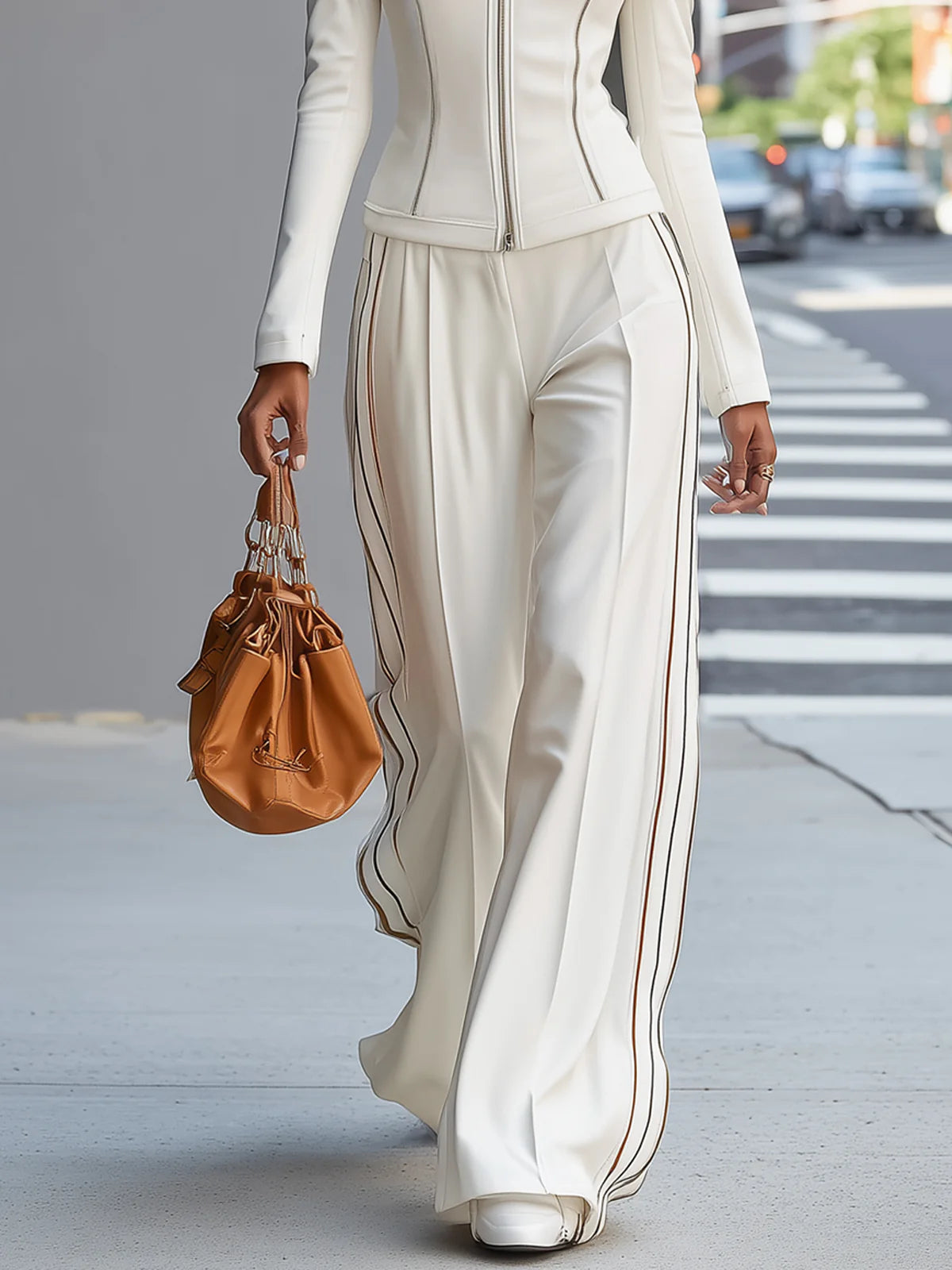 Women's White Zip-Up Wide-Leg Pant Set with Stand-Up Collar