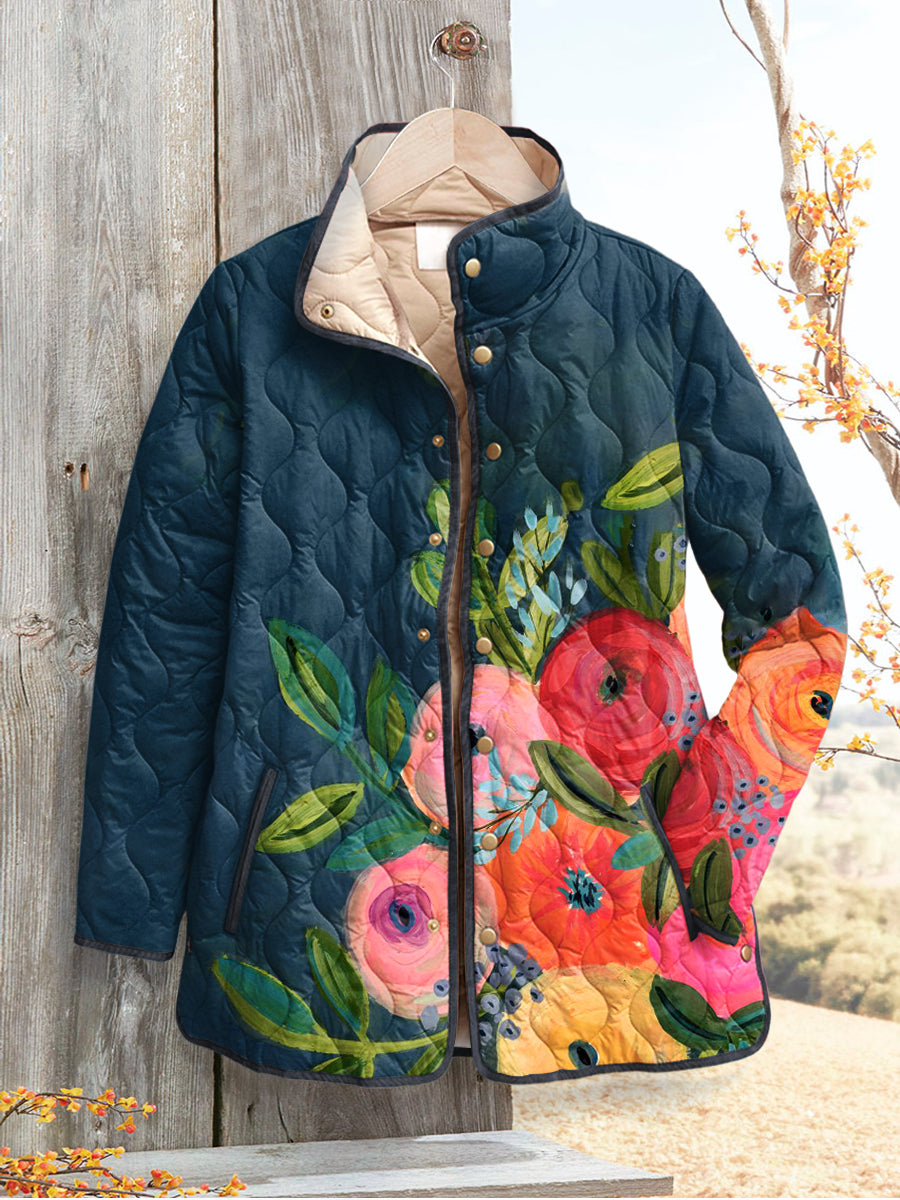 Women's Relaxed Retro Floral Art Printed Puffer Jacket