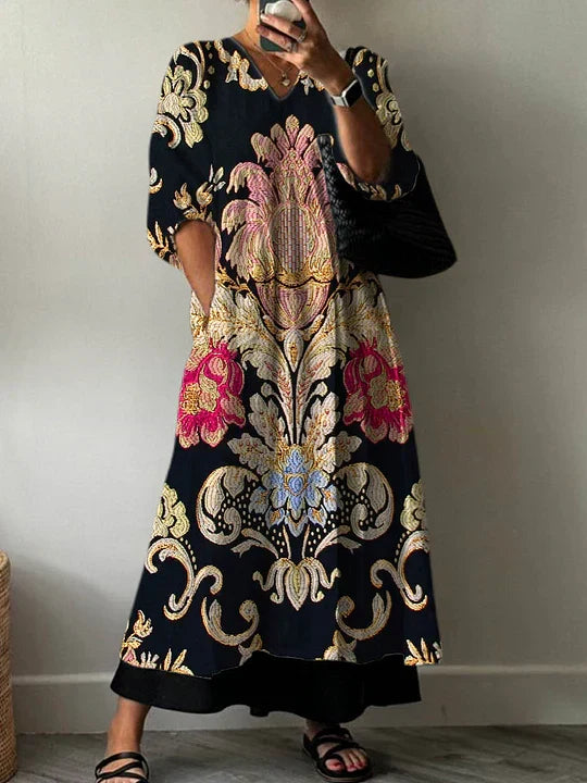 Women's Elegant Print Maxi Dress Clara with Fringe