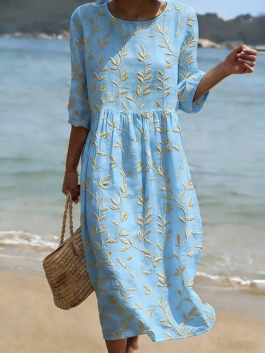 Natalie | Women's Plant & Flower Print Round Neck Midi Dress