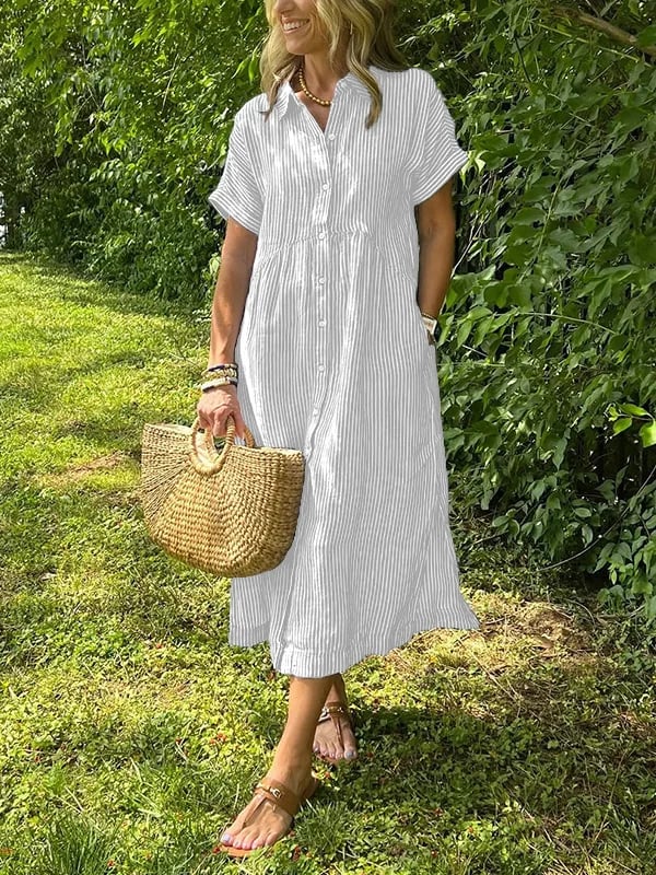 Gwen | Women's Striped Shirt Maxi Dress with Pockets