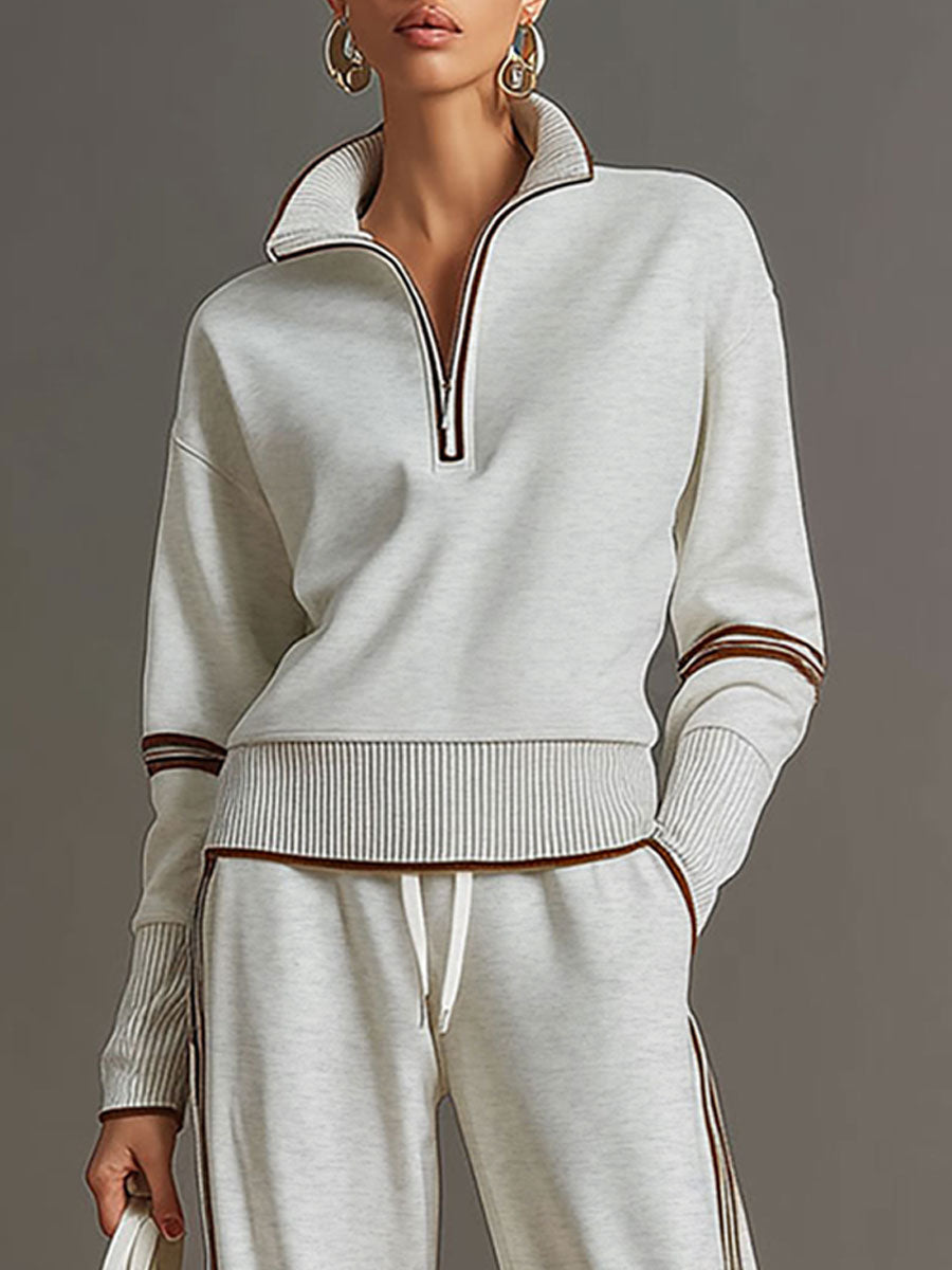 Women's Vintage-Inspired Grey and White Half-Zip Sweatshirt with Wide-Leg Trousers Set