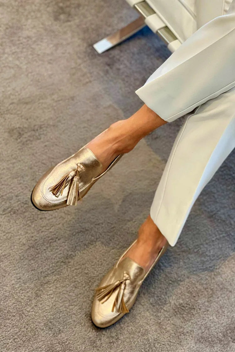 Women's Slip-On Golden Moccasins With Tassels