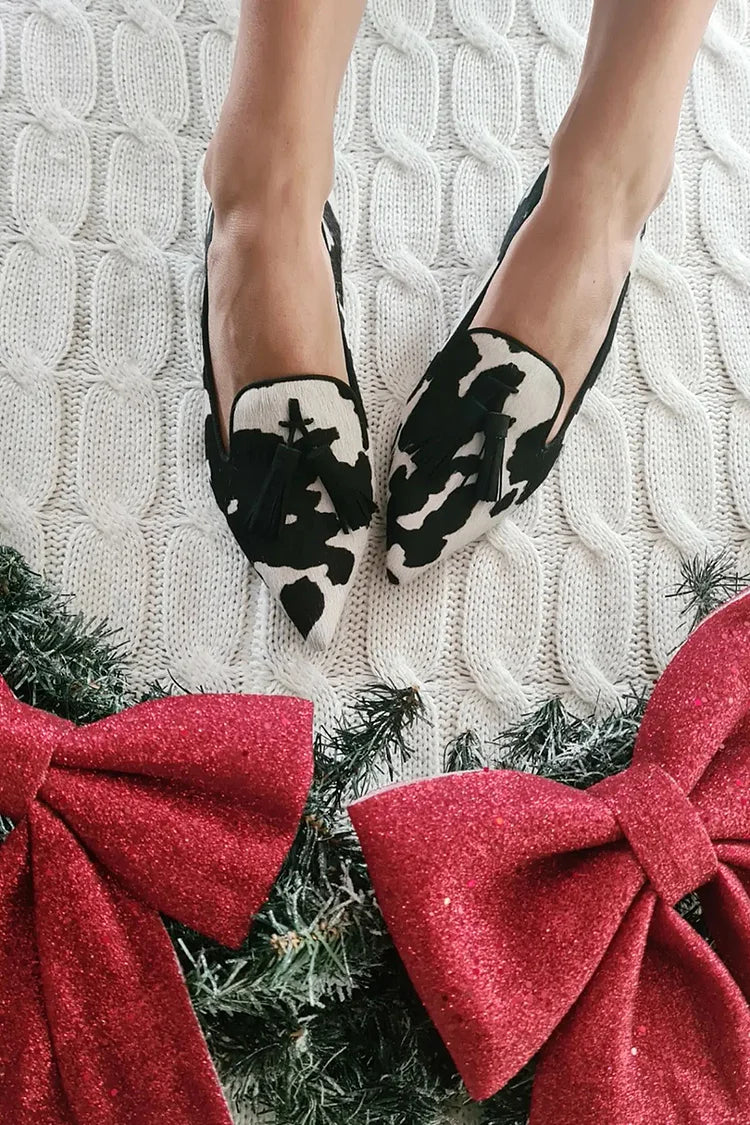 Pointed-Toe Cowprint Loafers With Tassel