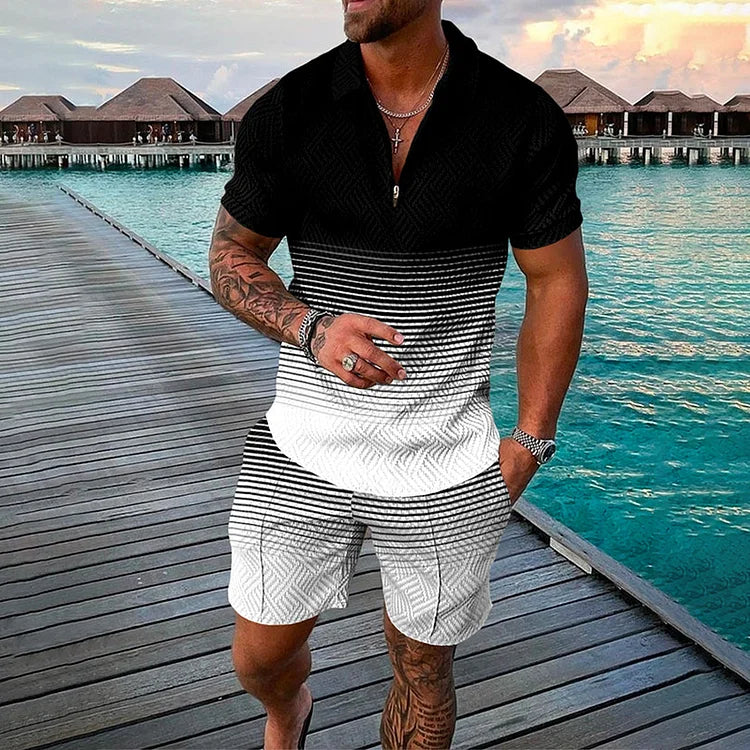 Noah | Men's Poloshirt & Shorts Set In Dark Black