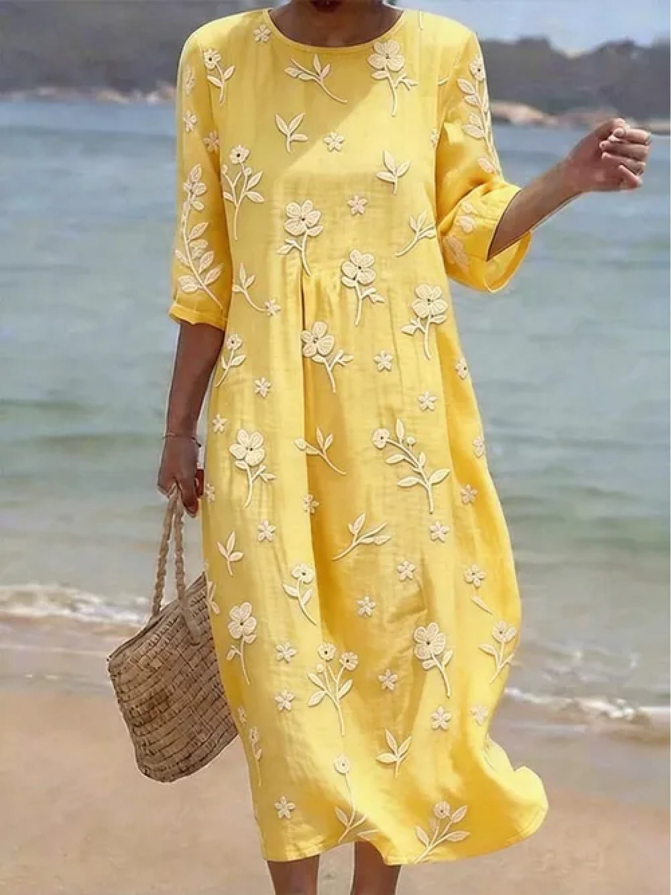 Sophie | Women's Embroidered Mid-Sleeve Midi Dress