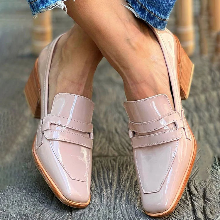 Women's Buckle Moccasins With Wide, Shiny Heel
