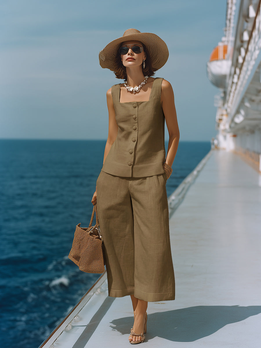Women's Timeless White, Square Neck Top with Matching Capri Trousers Set