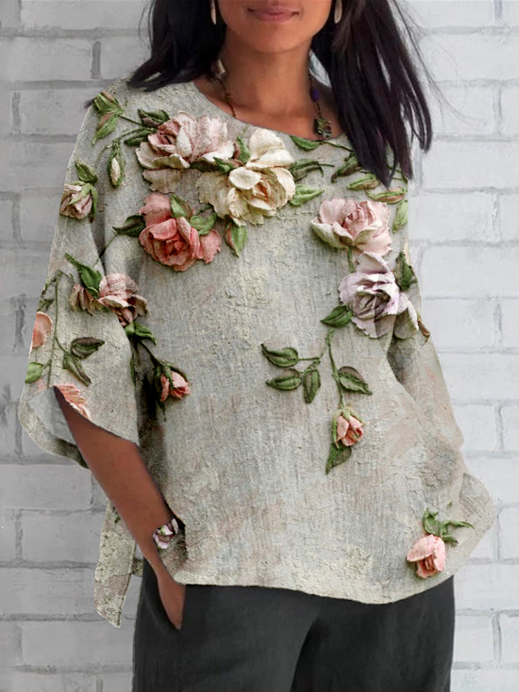 Iverra | Women's Printed Floral Top with Round Neck and Short Sleeve