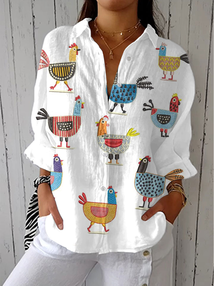 Ingrid | Women's Playful Chicken Blouse with Long Sleeve