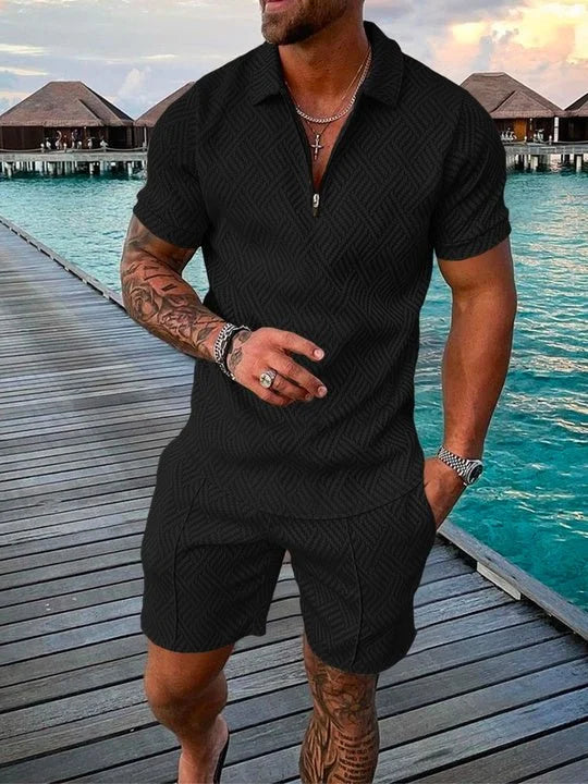 Leon | Men's Poloshirt And Shorts Set In Midnight Black