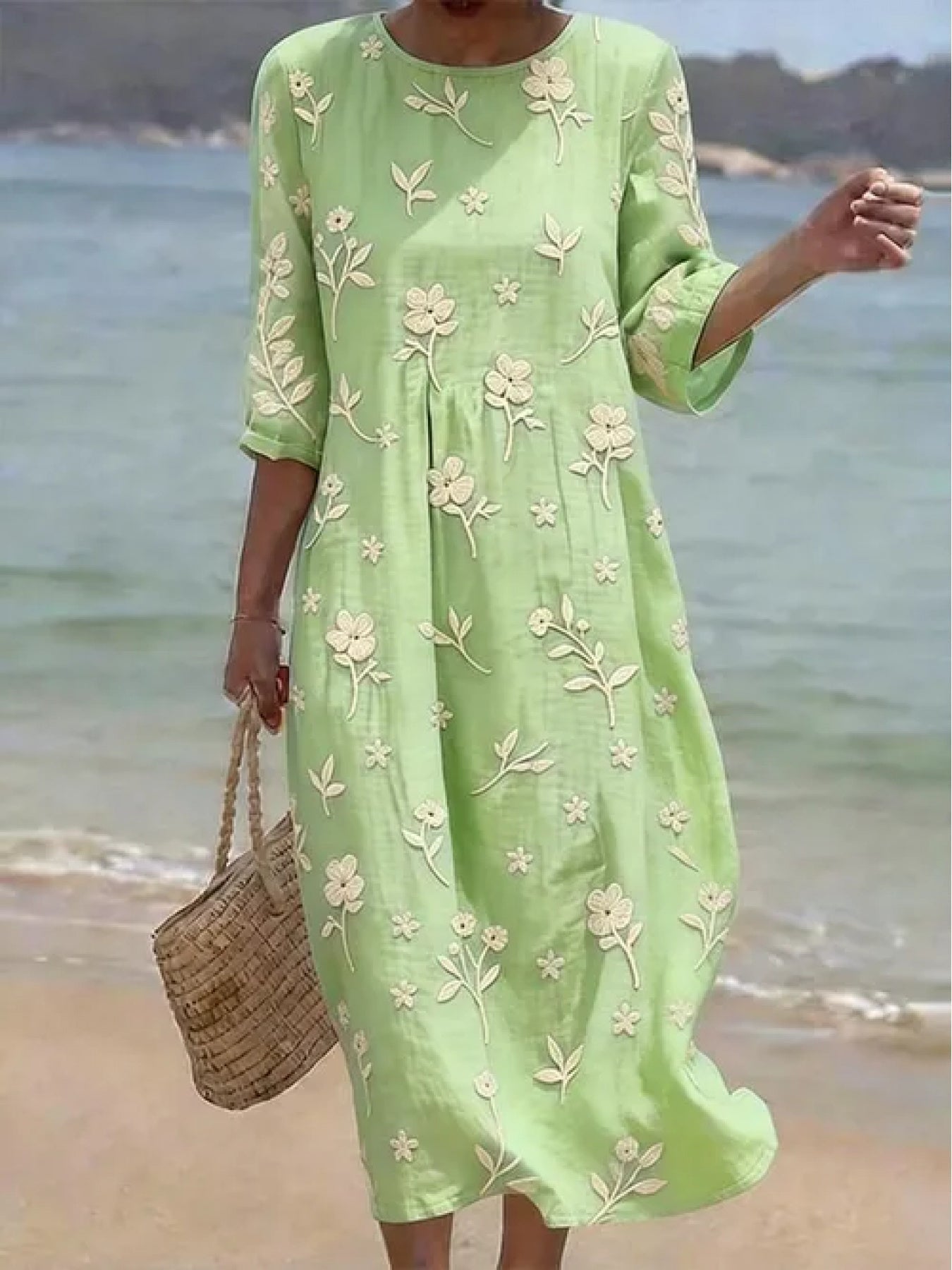 Margaret | Women's Floral Embroidered Mid-Sleeve Midi Dress
