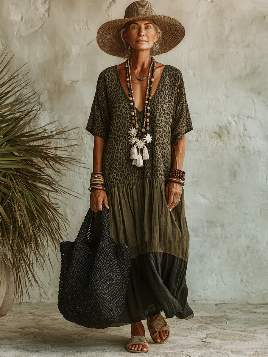 Women's V-Neck Maxi Dress with Leopard Print