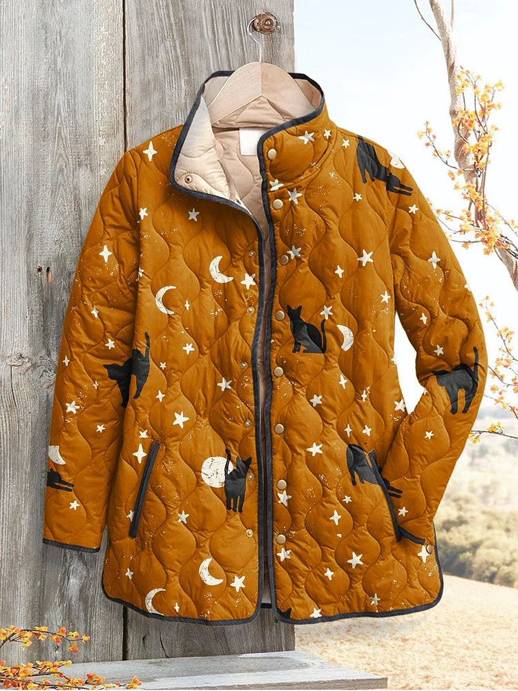 Women's Relaxed Black Cats Halloween Print Casual Puffer Jacket