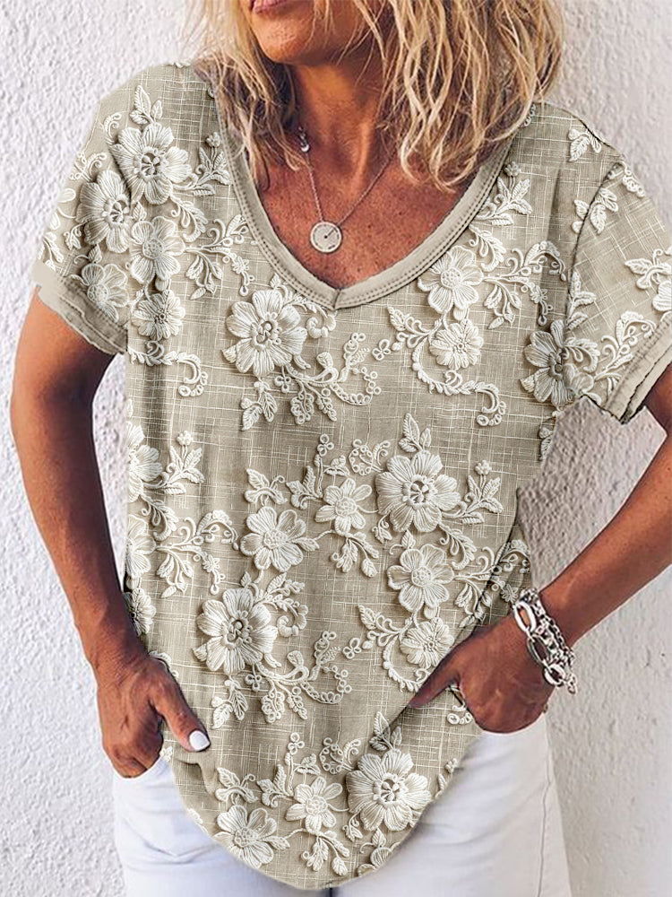 Renara | Women's Floral Printed Top with V-Neck and Short Sleeve
