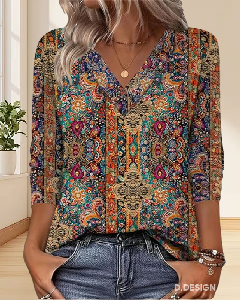 Emilia | Women's Retro Printed V-Neck Blouse