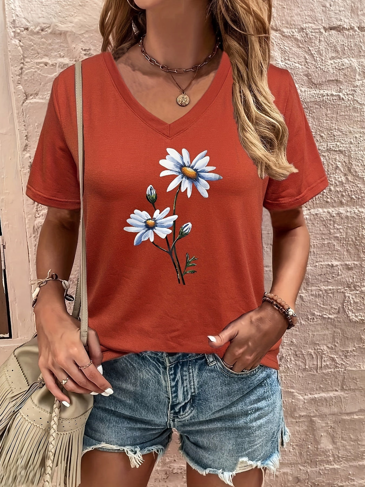 Celine | Women's Longline Floral V-Neck Tee