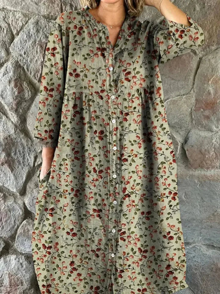 Women's Vintage Floral Shirt Midi Dress with Pockets