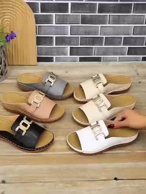 Women's Cushioned Open-Toe Kaia Gold Buckle Slide Sandals