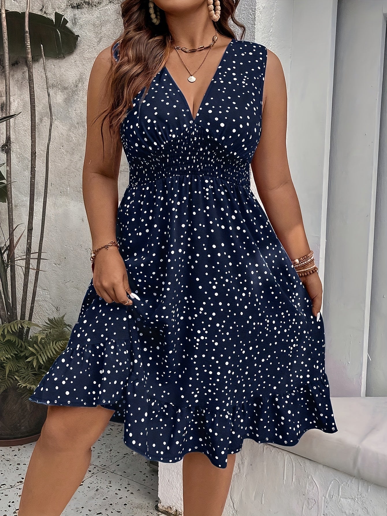 Tory | Women's Plus Size Polka Dot Tank Dress with Ruffle Detail