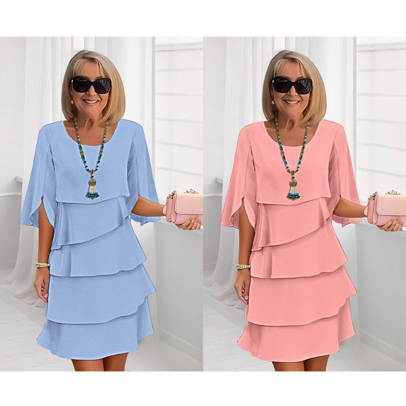 Chic Layered Midi Dress with Puff Sleeves for Women