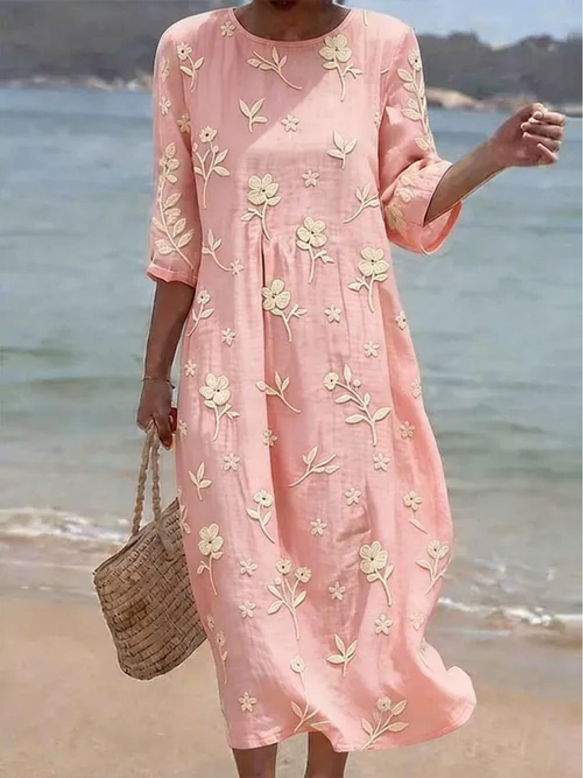 Vivian | Women's Embroidered Mid-Sleeve Midi Dress