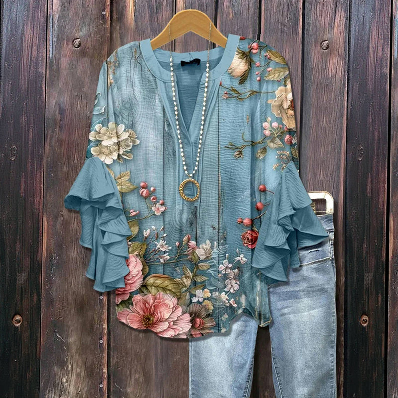 Luella | Women's Vintage Floral Ruffle-Sleeve Blouse