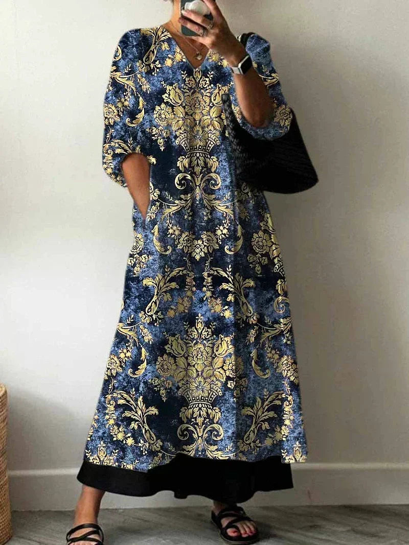 Women's Elegant Printed Maxi Dress Sarah with Fringe