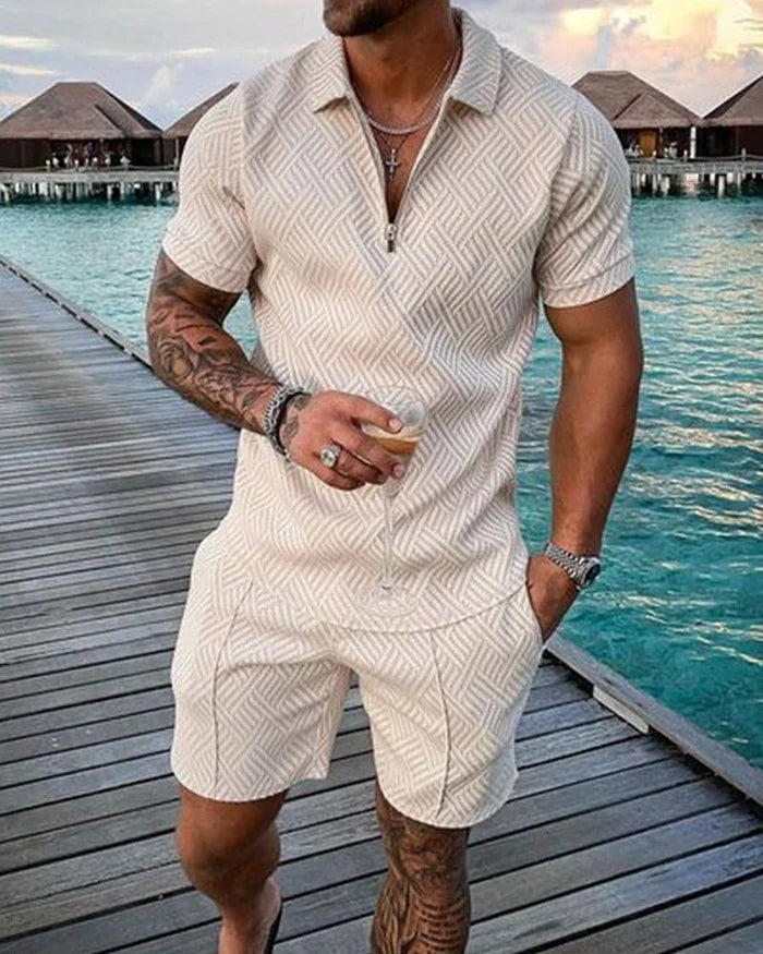 Lukas | Men's Poloshirt And Shorts Set In Cream With Revers Collar