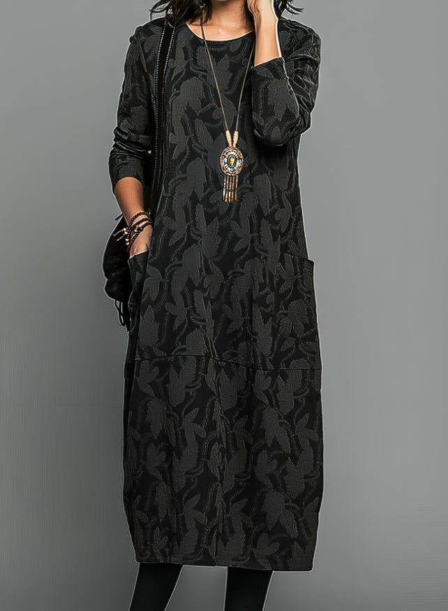 Lea | Women's Relaxed Casual Round Neck Winter Midi Dress with Pockets