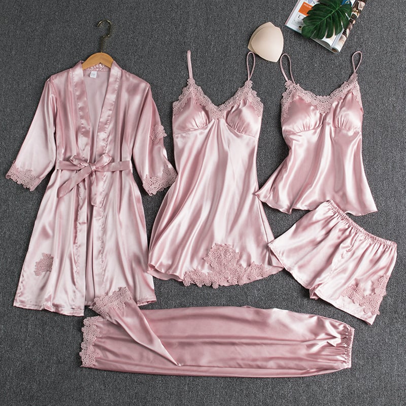 Elegant Women's Ice Nightdress Set, 5 Pieces