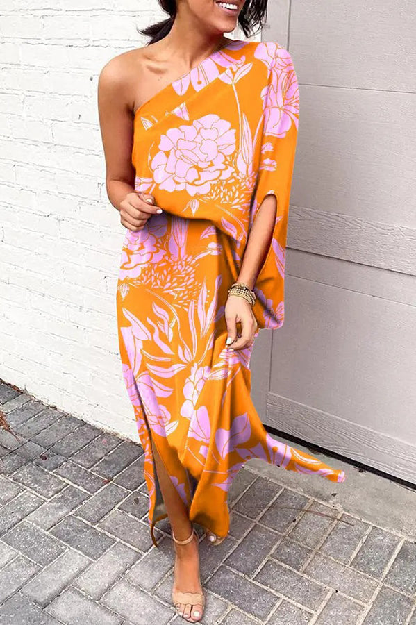 Women's Rosie One-Shoulder Maxi Dress with Printed Design and Split Hem