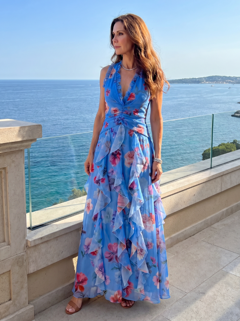 Nori | Women's Halter Neck Ruched Bodice Floral Maxi Dress with Ruffle Detail