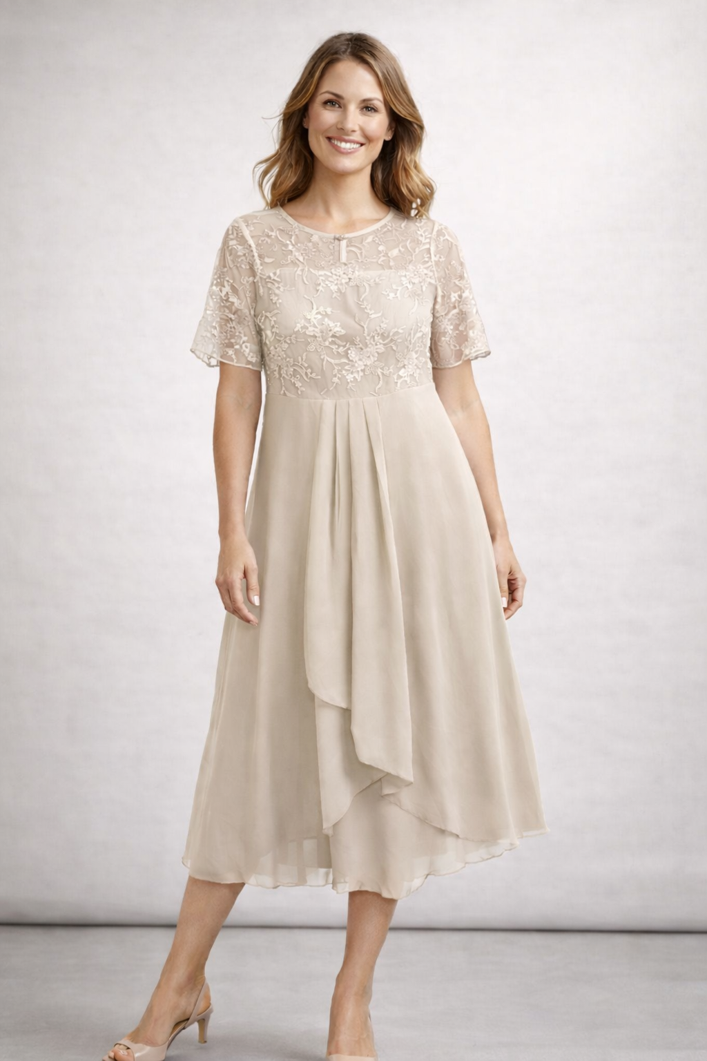 Women's Midi Dress with Floral Lace Top and Short Sleeves