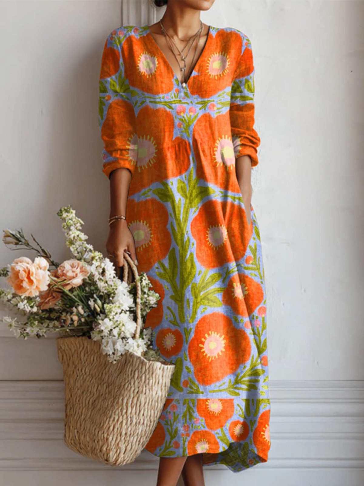 Vintage Floral Pocket Maxi Dress for Women, Artistic Print Design
