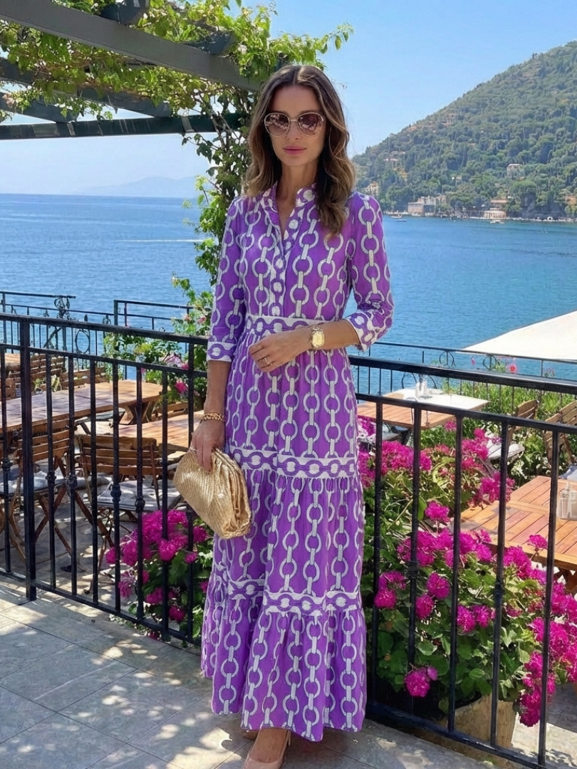 Ysolde | Women's Relaxed Three Quarter Sleeve Chain Pattern Midi Dress