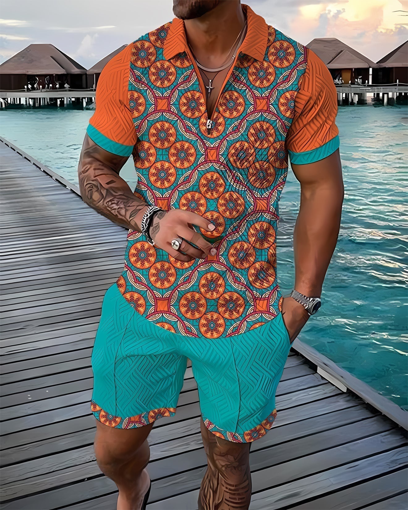 Finn | Men's Azure Blue Polo Shirt And Shorts Set