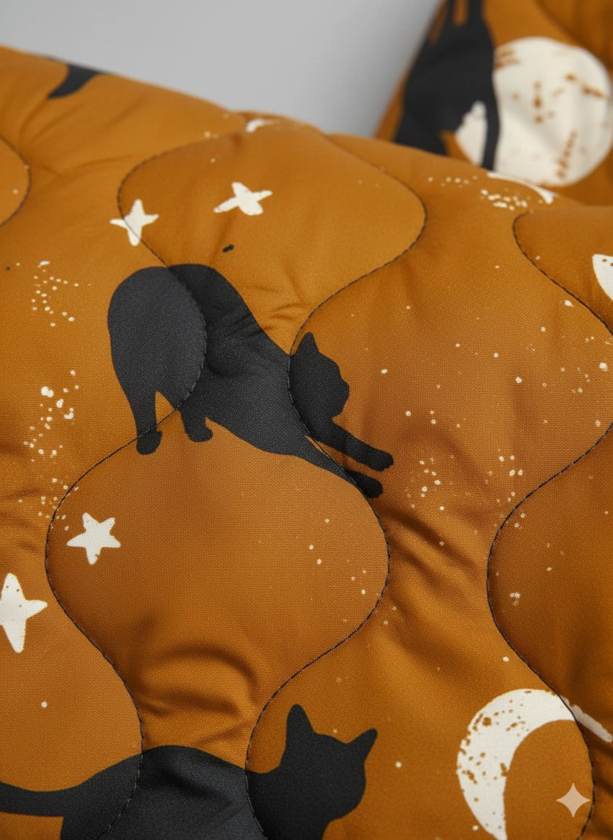 Women's Relaxed Night Sky Cat Print Quilted Jacket