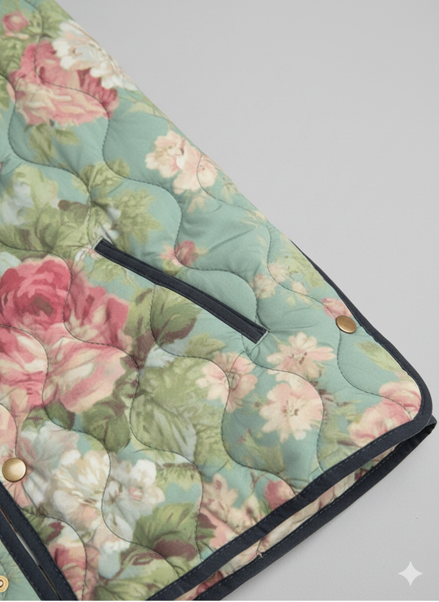 Women's Relaxed Pastel Rose Print Quilted Jacket