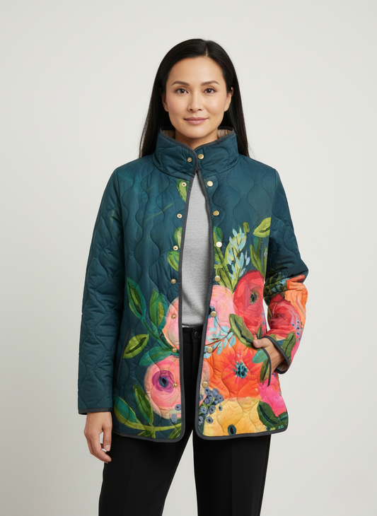 Women's Relaxed Navy Floral Bloom Quilted Jacket