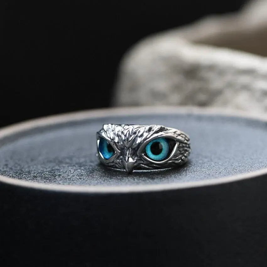 Opal-Embellished Adjustable Silver Owl Ring