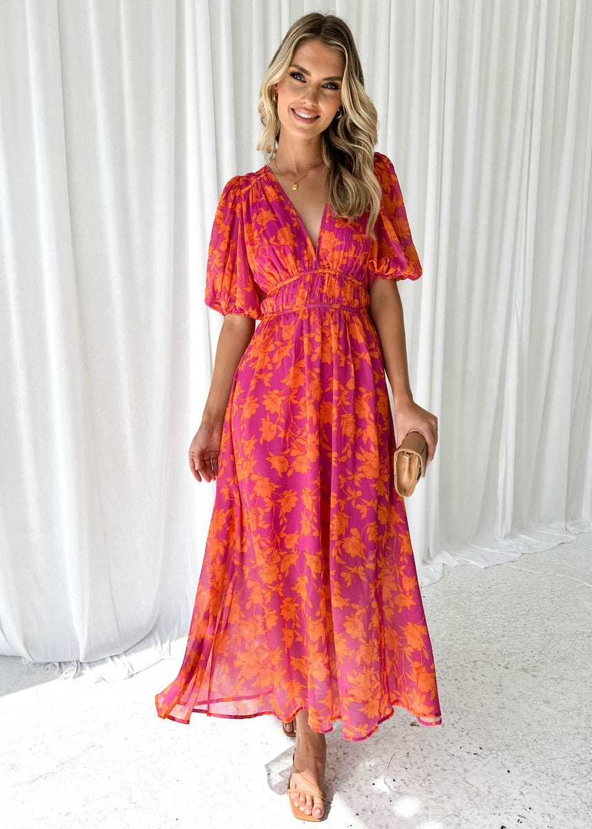 Katy | Women's Elegant Puff Sleeved Floral Midi Dress