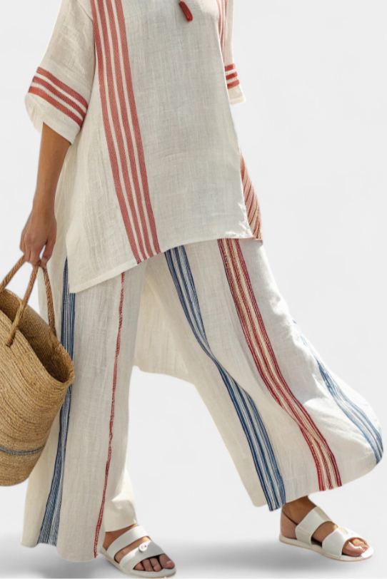 Ludovica | Women's Longline Relaxed sophisticated multicoloured striped top and Mediterranean trousers