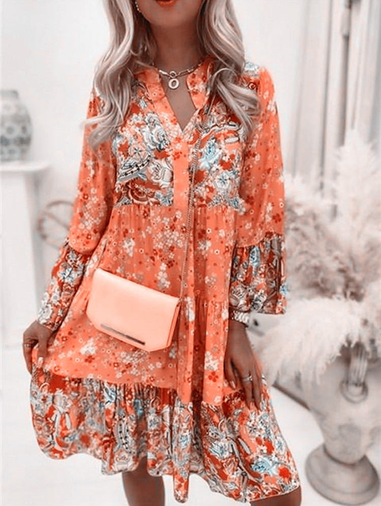 Women's V-Neck Floral A-Line Dress with 3/4 Sleeves, Above Knee Length