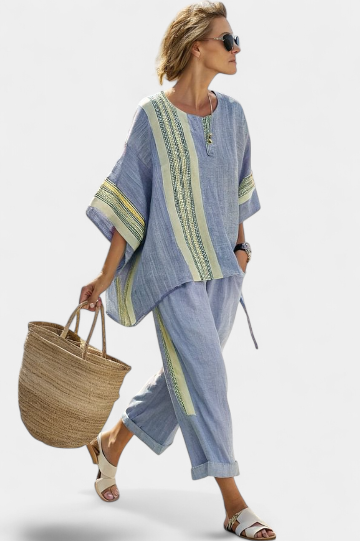 Daniela | Women's Longline elegant lavender top and mustard striped trousers