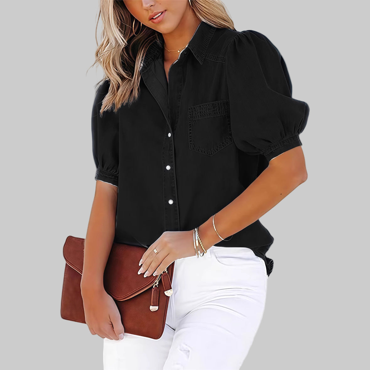 Regina | Women's Casual Bubble Sleeve Button Down Top