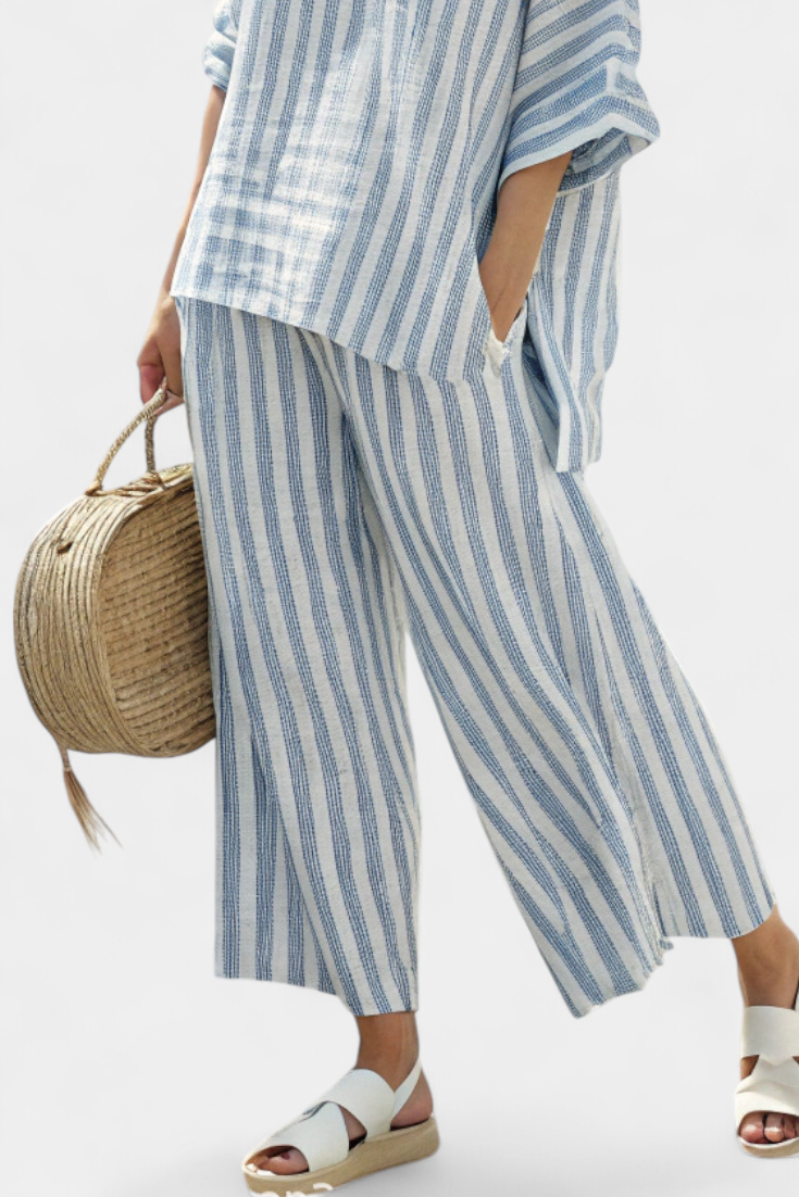 Federica | Women's Longline sophisticated blue striped top and relaxed trousers